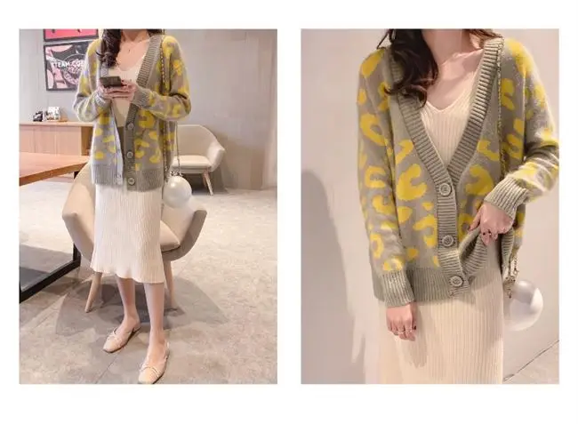 2021 Autumn Winter Knitted Leopard Sweaters Women Korean V Neck Thick Print Cardigan Coat Loose Button Outwear Tops
2021 Autumn Winter Knitted Leopard Sweaters Women Korean V Neck Thick Print Cardigan Coat Loose Button Outwear Tops