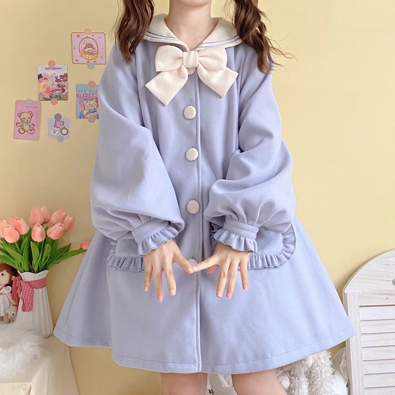 Japanese Preppy Style Winter Sweet Girl Coat Kawaii Sailor Collar Bow Cute Lantern Sleeve Single-Breasted Loli Woolen Outerweat
Japanese Preppy Style Winter Sweet Girl Coat Kawaii Sailor Collar Bow Cute Lantern Sleeve Single-Breasted Loli Woolen Outerweat