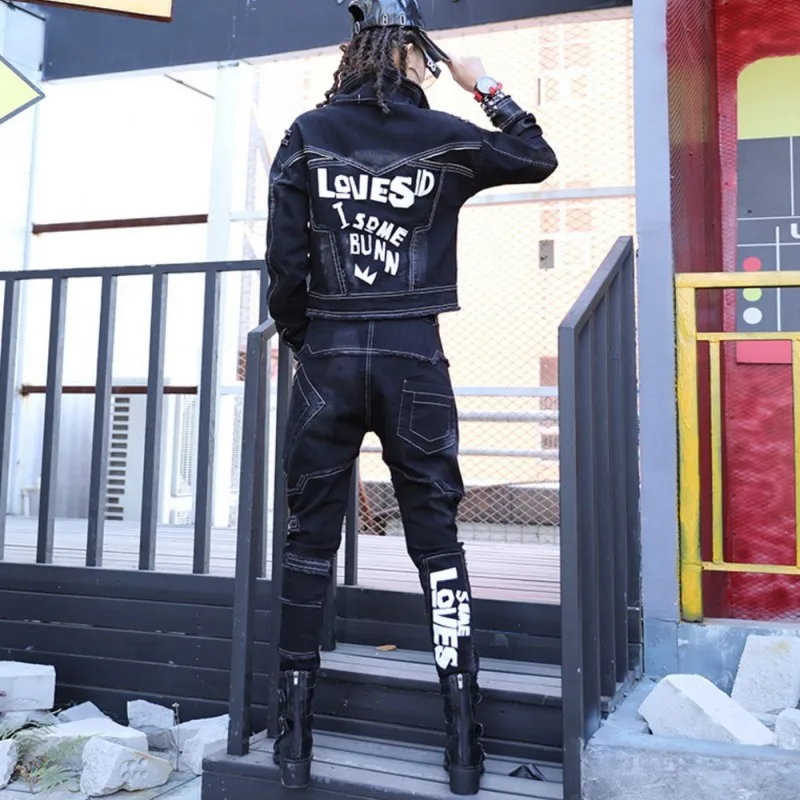 Casual Womens Black Denim Suit Boyfriend Zipper Long Sleeve Jacket Patch Design Letter Harem Pants 2 Piece Set Women Streetwear 
Casual Womens Black Denim Suit Boyfriend Zipper Long Sleeve Jacket Patch Design Letter Harem Pants 2 Piece Set Women Streetwear