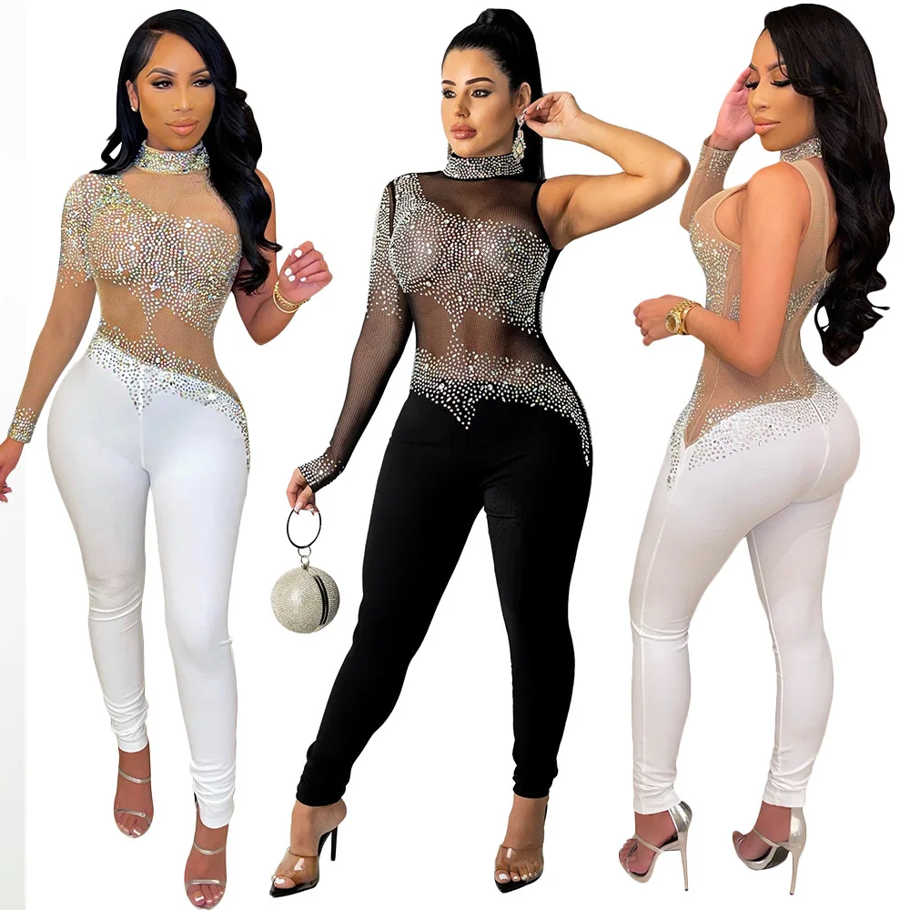 Elegant Rinestone Diamonds Sheer Mesh Patchwork Jumpsuit Women Sexy Mock Neck Long Sleeve Skinny Overalls Night Club Outfits
Elegant Rinestone Diamonds Sheer Mesh Patchwork Jumpsuit Women Sexy Mock Neck Long Sleeve Skinny Overalls Night Club Outfits