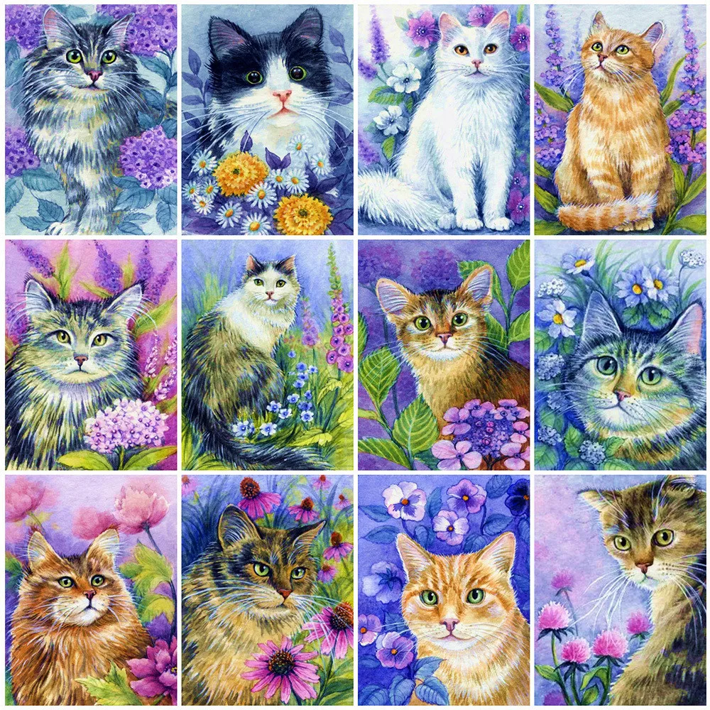 

AZQSD Full Drill Diamond Painting Cat Flower Handmade Gift Diamond Embroidery Animals Mosaic Home Decor Picture Of Rhinestones