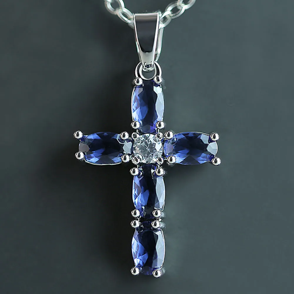 JK Cross Shaped Pendant Necklace Birthday Gift High Quality Ladies Jewelry Prong Setting Blue CZ Fashion Accessary
JK Cross Shaped Pendant Necklace Birthday Gift High Quality Ladies Jewelry Prong Setting Blue CZ Fashion Accessary