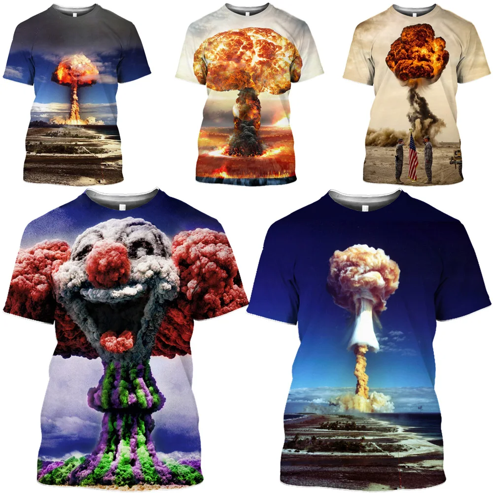 

HOXIXIB Men Tshirt Women Heat 3D Print Blow Up Mushroom Cloud T Shirt Military Experiment Tops Lightning Smog Airflow Clown Tees