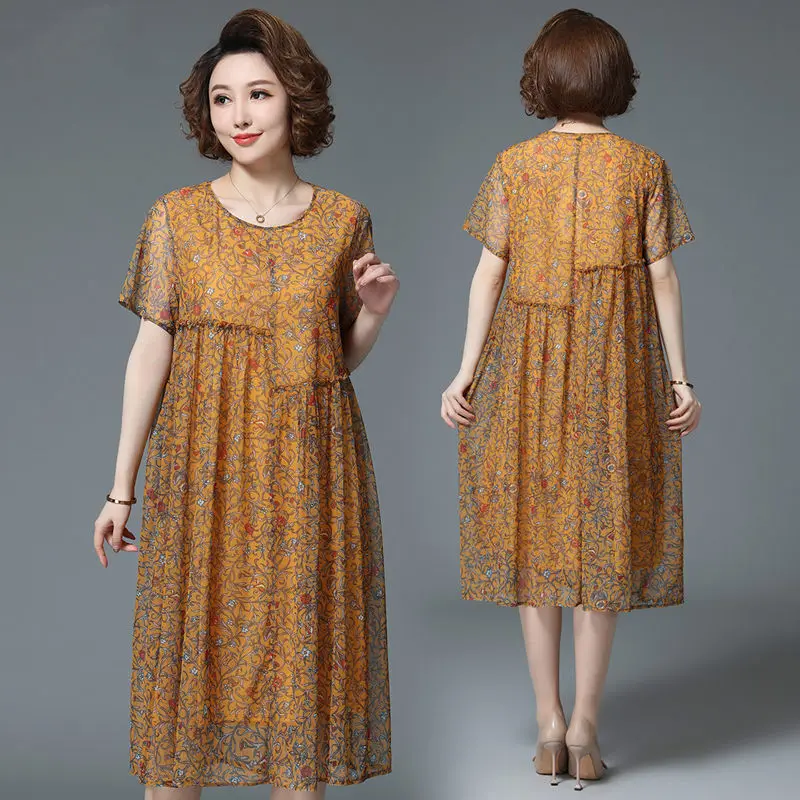 Женское Сетчатое платье-миди с принтом, круглым вырезом и коротким рукавом 
Женское Сетчатое платье-миди с принтом, круглым вырезом и коротким рукавом