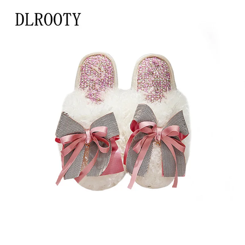 

Women Slippers Winter Warm Indoor Flip Flops New Fashion Butterfly-knot Silent Non-slip Shoes Female Slides Flat Casual