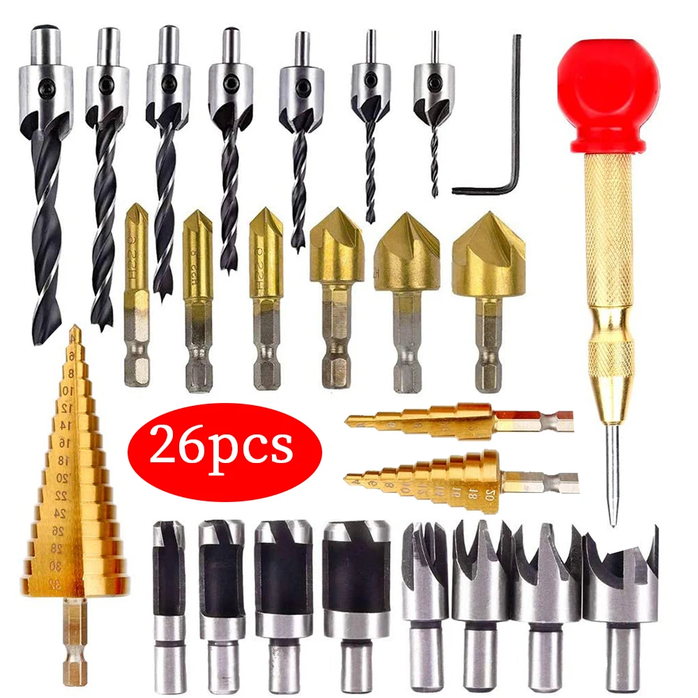 Woodworking Chamfer Drilling Tools Drill Bits Set Wood Plug Cutter Three Pointed Countersink Drill Bits with L-wrench 26-Pack
Woodworking Chamfer Drilling Tools Drill Bits Set Wood Plug Cutter Three Pointed Countersink Drill Bits with L-wrench 26-Pack