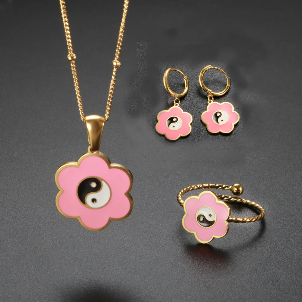 New Fashion Female Jewelry set Ins Oil Drop Flower Yin and Yang Tai Chi Gossip Stainless Steel Earrings Plating Gold Necklace
New Fashion Female Jewelry set Ins Oil Drop Flower Yin and Yang Tai Chi Gossip Stainless Steel Earrings Plating Gold Necklace