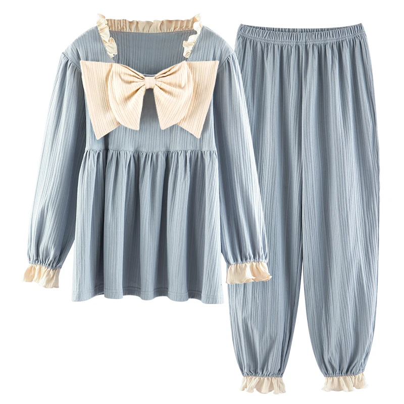 Women's Long Sleeve Pajamas Set 2021 Autumn Bow Combed Cotton Bow Comfortable Casual Women Pyjamas
Women's Long Sleeve Pajamas Set 2021 Autumn Bow Combed Cotton Bow Comfortable Casual Women Pyjamas