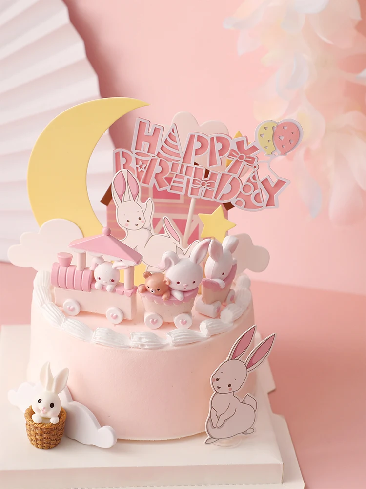 Розовый кролик поезд детское украшение на день рождения луна торт Топпер для