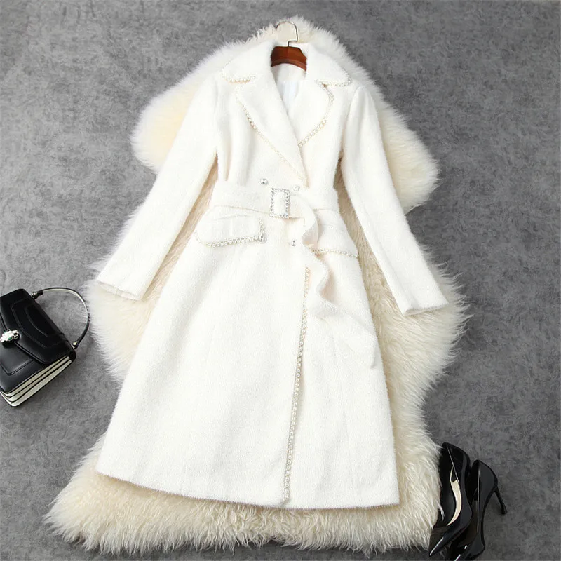 Top Quality Beading Long Wool Blends Coat Winter Women Turn Down Collar Lace Up Woolen Jackets Thick Warm Overcoat Party Outwear
Top Quality Beading Long Wool Blends Coat Winter Women Turn Down Collar Lace Up Woolen Jackets Thick Warm Overcoat Party Outwear
