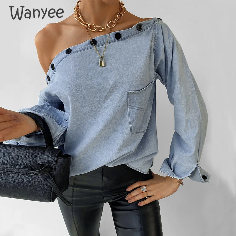 2021 Spring Autumn Women Fashion Blue Girls Casual One Shoulder Solid Tops New Button-Neck Off-Shoulder Long-Sleeve Denim Shirt
2021 Spring Autumn Women Fashion Blue Girls Casual One Shoulder Solid Tops New Button-Neck Off-Shoulder Long-Sleeve Denim Shirt