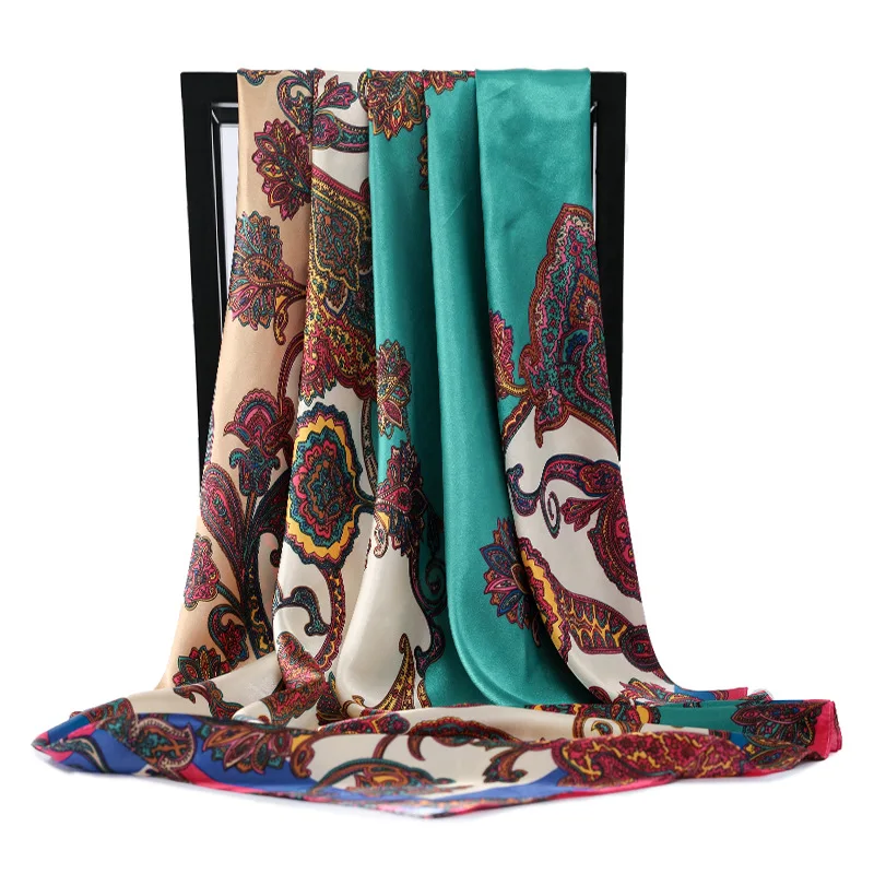 

Шарф на голову Женский с цветочным принтом, Шелковый сатиновый хиджаб, оранжевый красный 90x90 см, квадратный шейный платок, шарфы-повязки, 2021