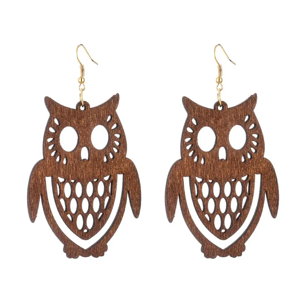 YULUCH Ethnic Owl Pattern Big Dangle Earrings Fashion Jewelry 2019 Red Hollow Natural Wooden Animal Birds Long | Украшения и