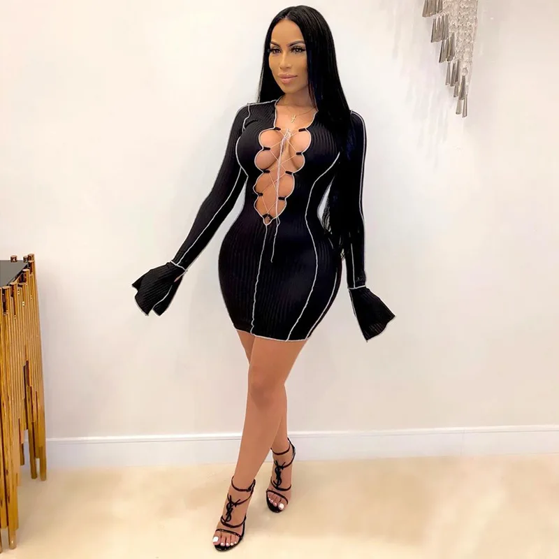 Lace Up Deep V Neck Ribbed Long Sleeve Dresses Women Patchwork Hot Club Partywear Sexy Fashion Mini Dress Fall
Lace Up Deep V Neck Ribbed Long Sleeve Dresses Women Patchwork Hot Club Partywear Sexy Fashion Mini Dress Fall