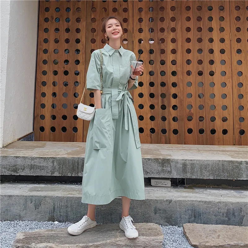 2020 Summer Short Sleeve Shirt Dress Women Korean Solid Color Big Pocket Loose Casual Elegant Sweet Long Bandage Party Dress
2020 Summer Short Sleeve Shirt Dress Women Korean Solid Color Big Pocket Loose Casual Elegant Sweet Long Bandage Party Dress