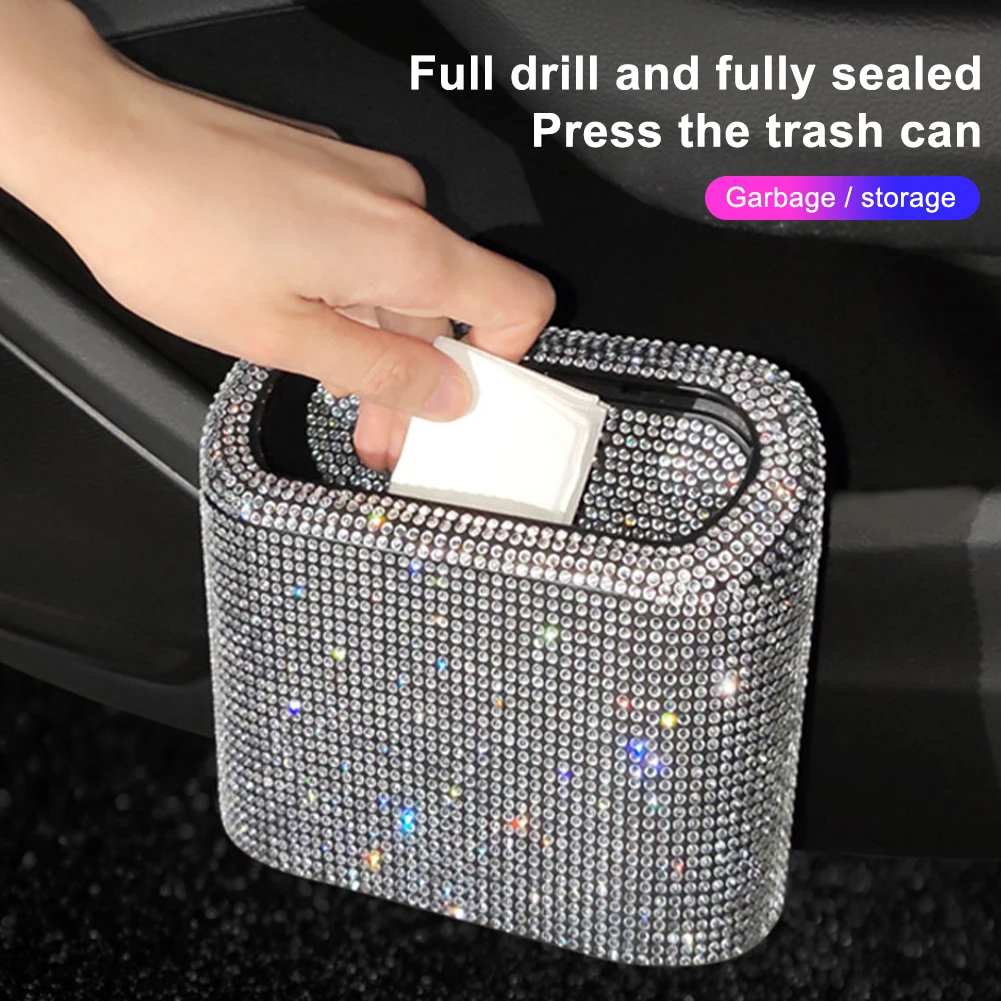 Car Bling Trash Can Storage Bin with Press-Type Lid Shiny Rhinestones Car Storage Box Bag Hanging Type Car Interior Accessories
Car Bling Trash Can Storage Bin with Press-Type Lid Shiny Rhinestones Car Storage Box Bag Hanging Type Car Interior Accessories