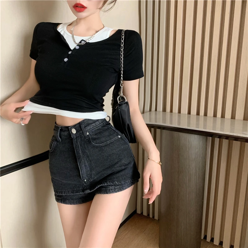 COIGARSAM Short Sleeve blouse women blusas womens tops and blouses Gray Black 8098
COIGARSAM Short Sleeve blouse women blusas womens tops and blouses Gray Black 8098