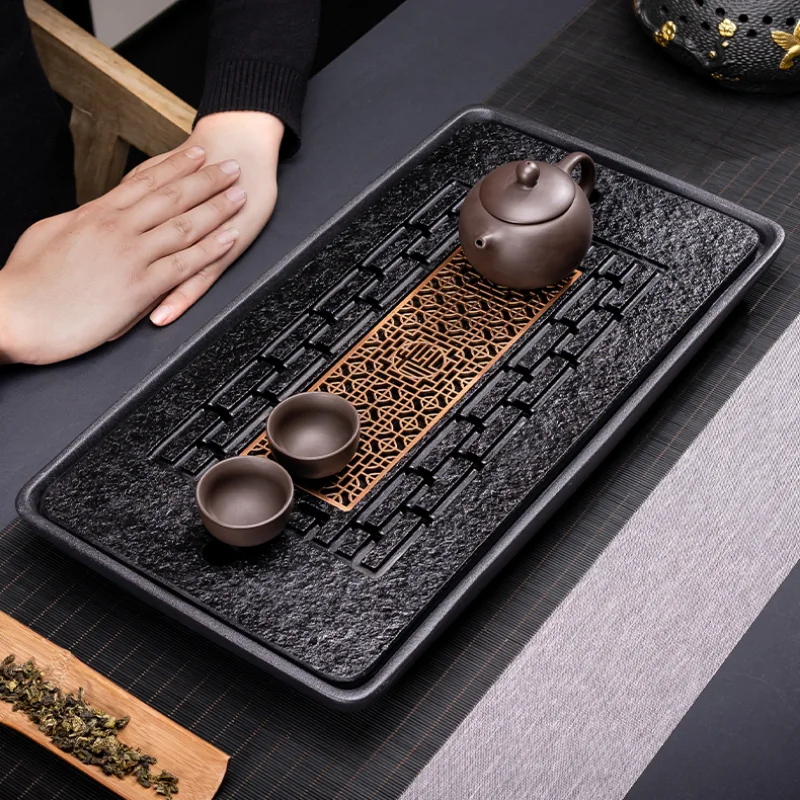 

Chinese Ceramic Tea Tray Drainer Black Stone Vintage Tea Serving Tray Luxury Rectangle Bandejas De Cha Kitchen Accessorie OF50CP