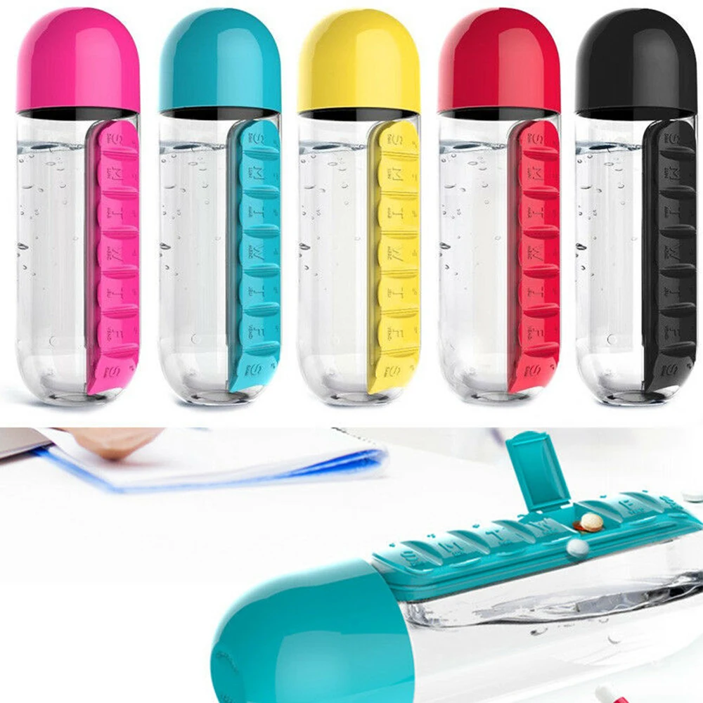 New Portable 600ML Water Glass Bottle Pill Box 2 in 1 Outdoor Travel Water Bottle Medicine Cup Plastic Bottles
New Portable 600ML Water Glass Bottle Pill Box 2 in 1 Outdoor Travel Water Bottle Medicine Cup Plastic Bottles