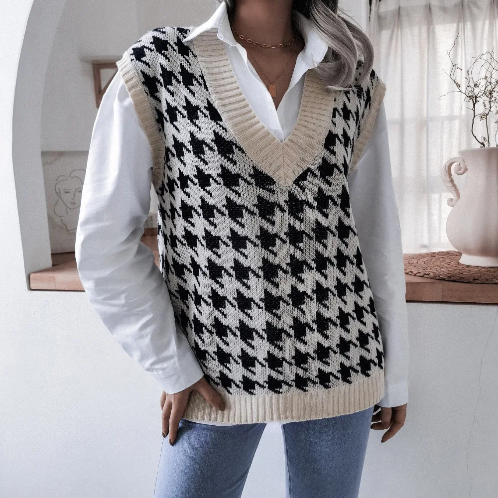 Foridol Hounstooth Print Sweater Vest Waistcoat Casual Knitting V Neck Sleeveless Autumn Winter Vest 2021 New Women Pullovers 
Foridol Hounstooth Print Sweater Vest Waistcoat Casual Knitting V Neck Sleeveless Autumn Winter Vest 2021 New Women Pullovers