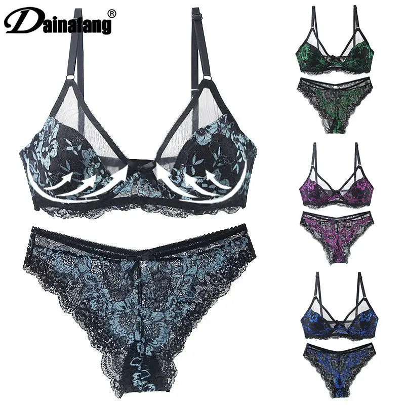 

DaiNaFang Thong BCDE Cup Bra Sets Push Up Lace Hollow Ultra-Thin Thick Underwear Women Panties Female Lingerie