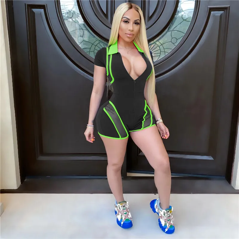 

2020 Sexy Women Deep V-neck Jumpsuit Playsuit Rompers Mesh See Through Patchwork Bodycon Jumpsuit Clubwaer Short Sleeve Shorts