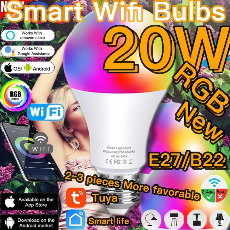 20W WiFi Smart Light Bulb E27 B22 LED RGB Lamp Work with Alexa/Google Home Dimmable Timer Function Magic Bulb OR IR Control Bulb
20W WiFi Smart Light Bulb E27 B22 LED RGB Lamp Work with Alexa/Google Home Dimmable Timer Function Magic Bulb OR IR Control Bulb