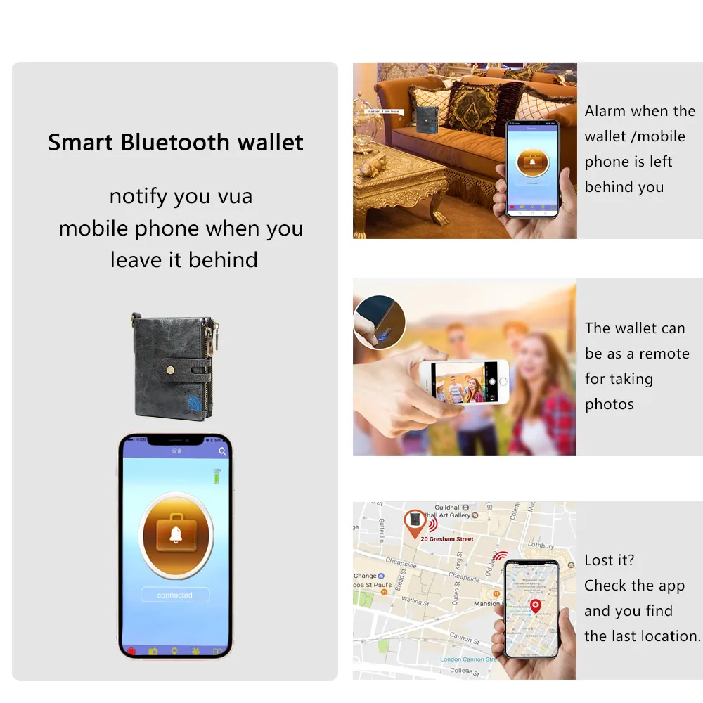 Умный кошелек Bluetooth кошельки из натуральной кожи с отделением для монет на молнии