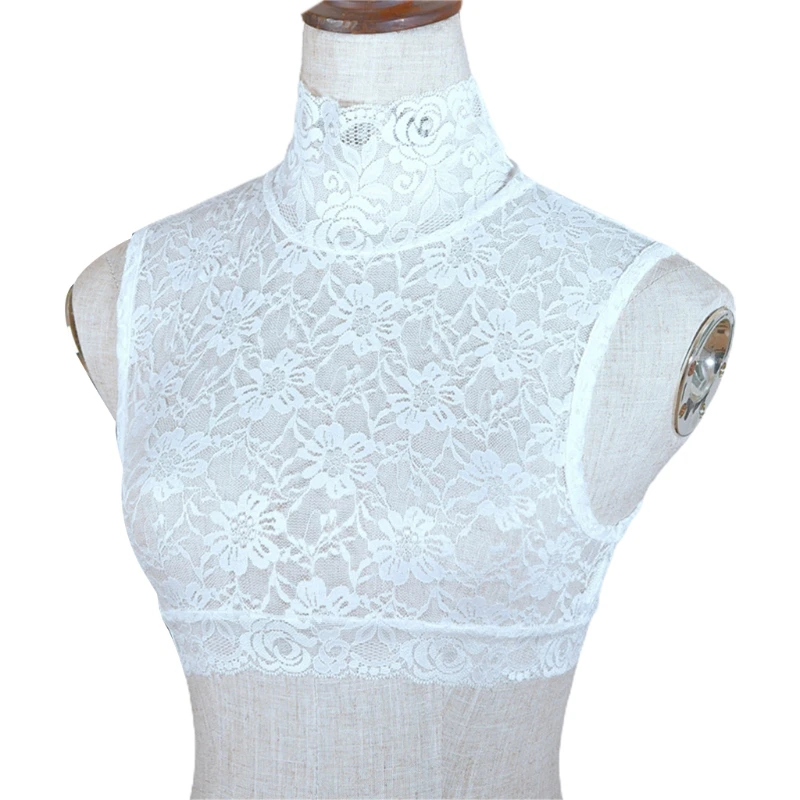 

Women Turtleneck Floral Lace Half Shirt Faux Collar Scalloped Trim Bottoming Sleeveless Vest Decorative See-Through Pullover Top