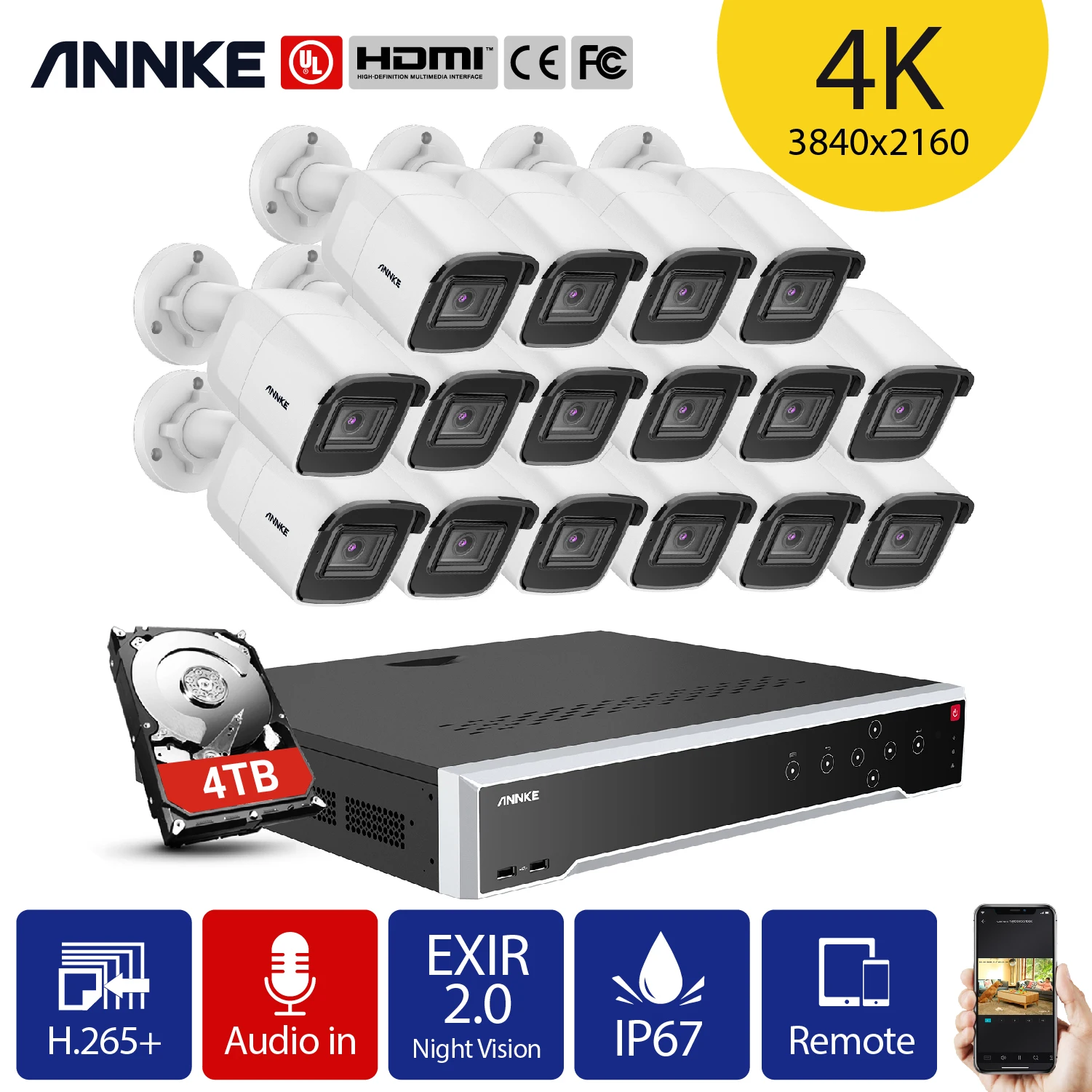 

ANNKE 16CH 4K Ultra HD POE Network Video Security System 12MP H.265+ NVR With 16pcs 8MP Weatherproof Bullet IP Camera CCTV Kit