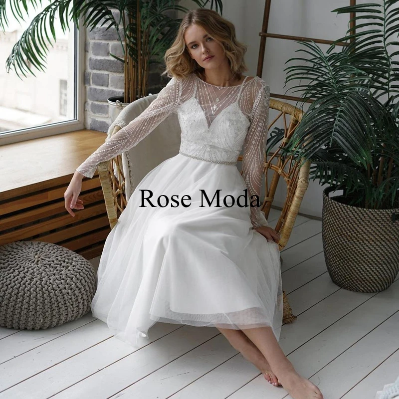 Rose Moda Long Lace Sleeves Tea Length Wedding Dress with Low V Back Ivory Reception Dress Custom Make
Rose Moda Long Lace Sleeves Tea Length Wedding Dress with Low V Back Ivory Reception Dress Custom Make
