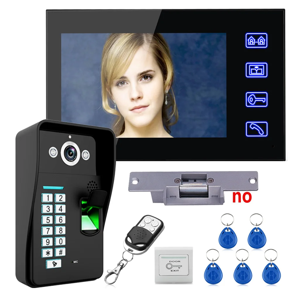 Touch Key 7" Fingerprint RFID Video Door Phone Intercom System kit + NO Electric Strike Lock+ Wireless Remote Control
Touch Key 7" Fingerprint RFID Video Door Phone Intercom System kit + NO Electric Strike Lock+ Wireless Remote Control