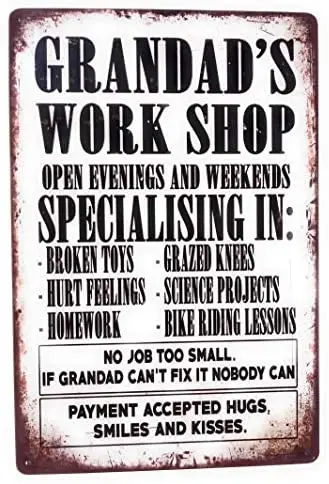 Grandad's Work Shop Specializing In Tin Sign, Garage Sign, Family Sign, Novelty Sign, Funny Sign, Grandfather
Grandad's Work Shop Specializing In Tin Sign, Garage Sign, Family Sign, Novelty Sign, Funny Sign, Grandfather