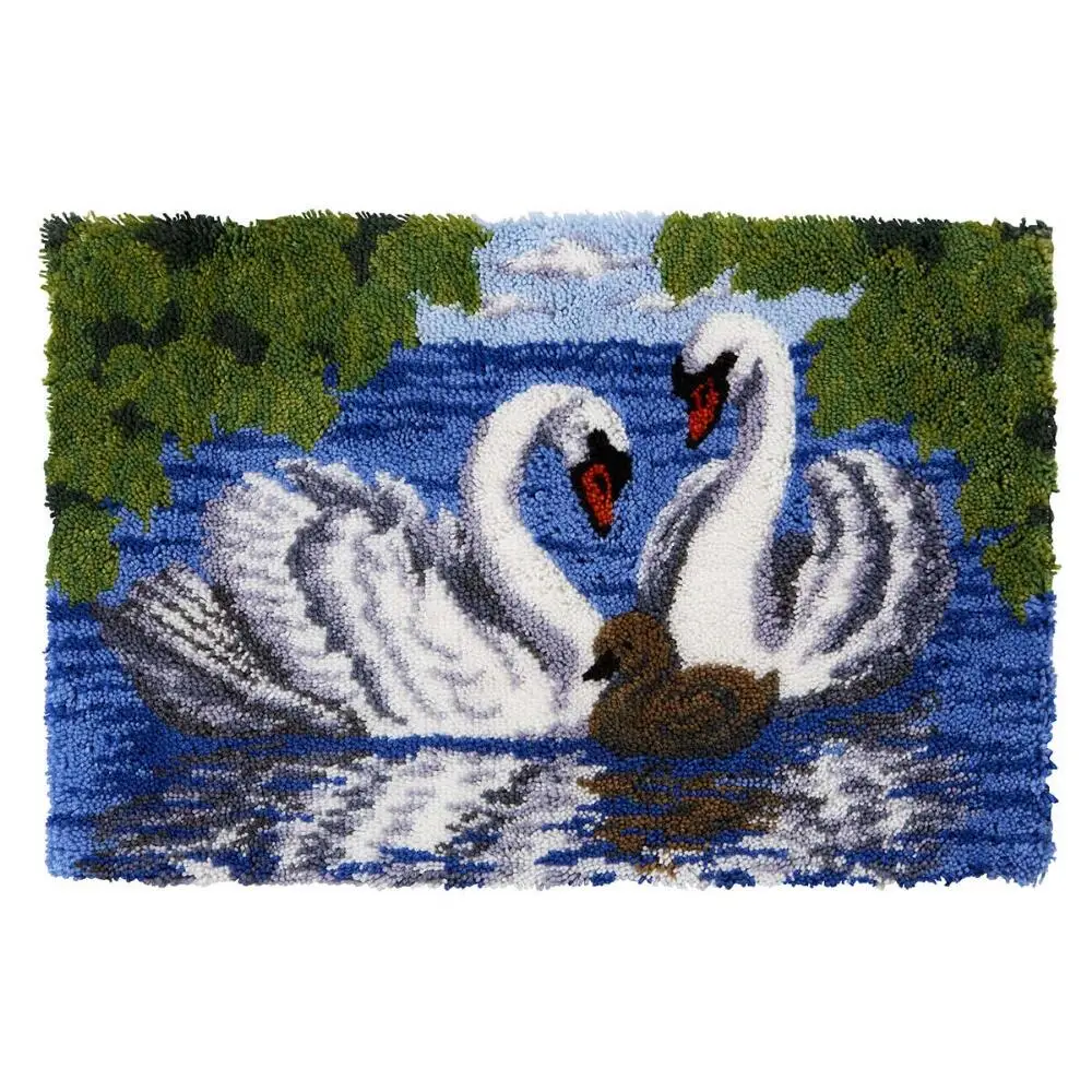 

Latch Hook Rug Kits Crocheting Carpet Rug Swan Acrylic Yarn Pre-Printed Canvas Cushion Mat Crochet Tapestry Sofa Decor