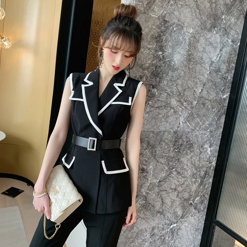 Contrast Office Work Two Piece Set for Women 2020 Summer Elegant Sleeveless Pocket Blazer and Slim Pants Ladys Black 2 Piece Set
Contrast Office Work Two Piece Set for Women 2020 Summer Elegant Sleeveless Pocket Blazer and Slim Pants Ladys Black 2 Piece Set