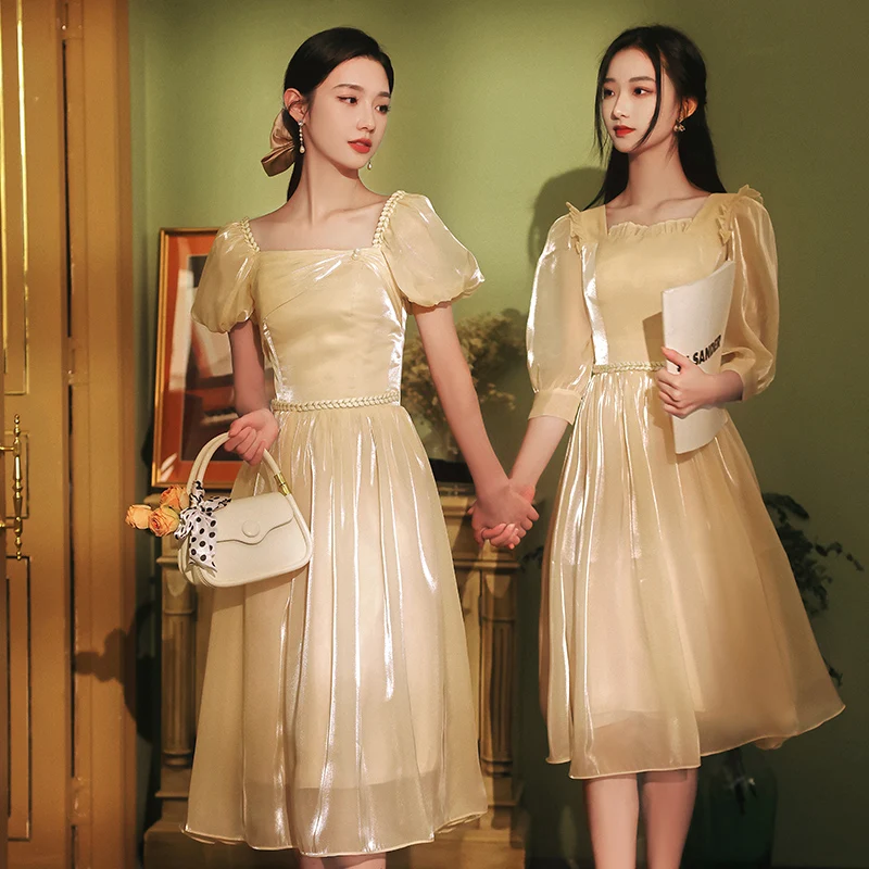 Champagne Bridesmaid Dresses French Style Square Collar Puff Sleeve Mid-Length Evening Dress For Graduation Dress Prom Gowns
Champagne Bridesmaid Dresses French Style Square Collar Puff Sleeve Mid-Length Evening Dress For Graduation Dress Prom Gowns