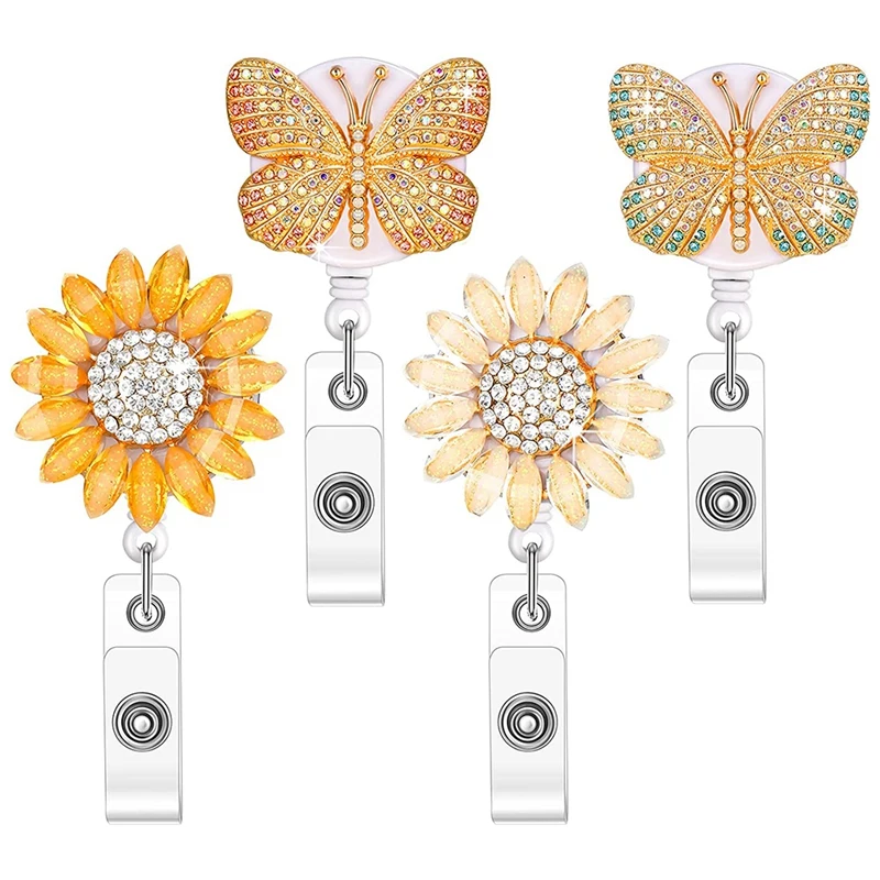 4 Pieces Butterfly Rhinestone Badge Reels Retractable Crystal Sunflower Badge Holder Name ID Badge Holder with Clip
4 Pieces Butterfly Rhinestone Badge Reels Retractable Crystal Sunflower Badge Holder Name ID Badge Holder with Clip