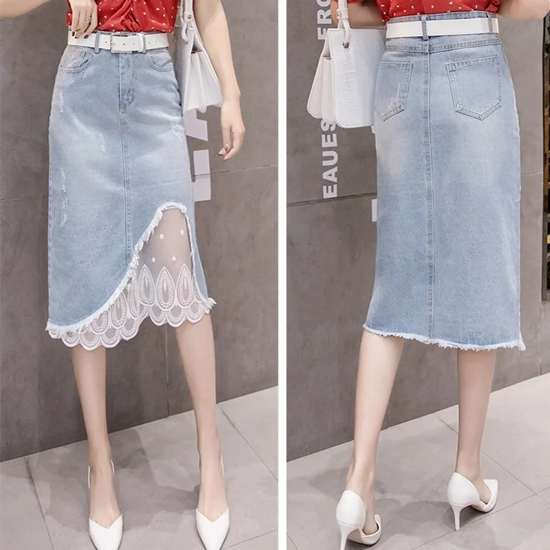 Korean Fashion High Waist Denim Skirt 2021 Women Holes Knee-Length Elegant A-line Jean Skirts Female Lace Patchwork Mesh Faldas
Korean Fashion High Waist Denim Skirt 2021 Women Holes Knee-Length Elegant A-line Jean Skirts Female Lace Patchwork Mesh Faldas