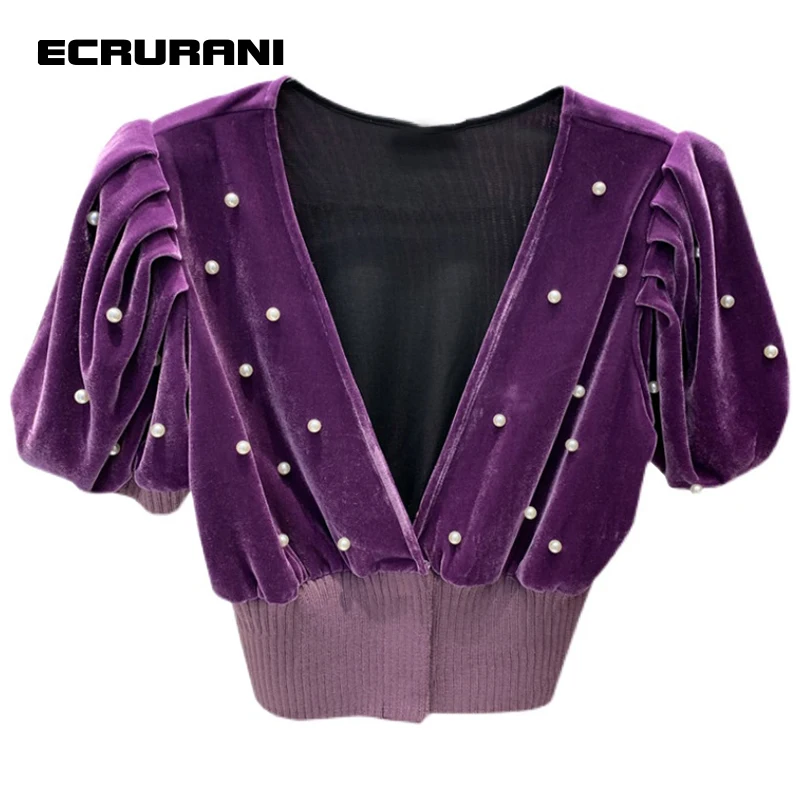 ECRURANI Sexy Blouses For Women V Neck Patchwork Pearls Gathered Waist Puff Half Sleeve Slim Shirts Female 2021 Autumn Clothing
ECRURANI Sexy Blouses For Women V Neck Patchwork Pearls Gathered Waist Puff Half Sleeve Slim Shirts Female 2021 Autumn Clothing
