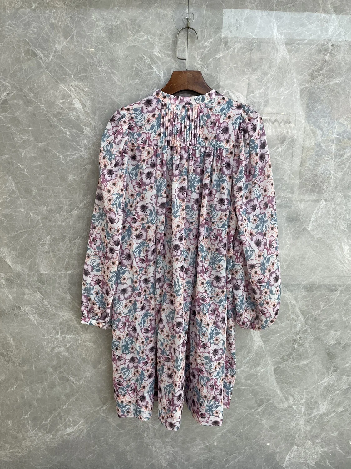 

V-neck Pleats detail Long Sleeves Fashion Cotton Mini DRESS 2021ss Womans Floral Print Short Oversized Dress
