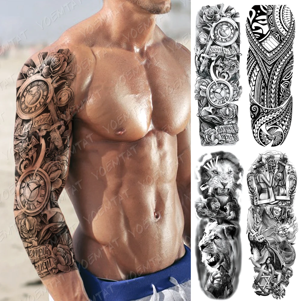 Large Arm Sleeve Tattoo Clock Rose Cross Dragon Waterproof Temporary Tatto Sticker Poker Lion Body Art Full Fake Tatoo Women Men 
Large Arm Sleeve Tattoo Clock Rose Cross Dragon Waterproof Temporary Tatto Sticker Poker Lion Body Art Full Fake Tatoo Women Men