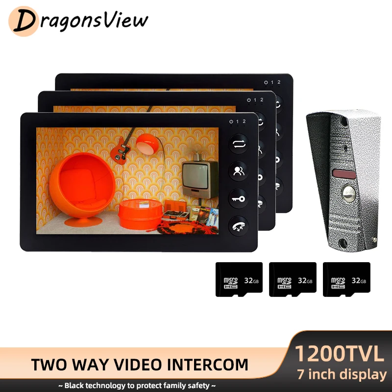

DragonsView Intercom for Home Video Door Phone 3 Monitors Motion Detection Record 1200TVL IR Night Vision Doorbell Camera Unlock