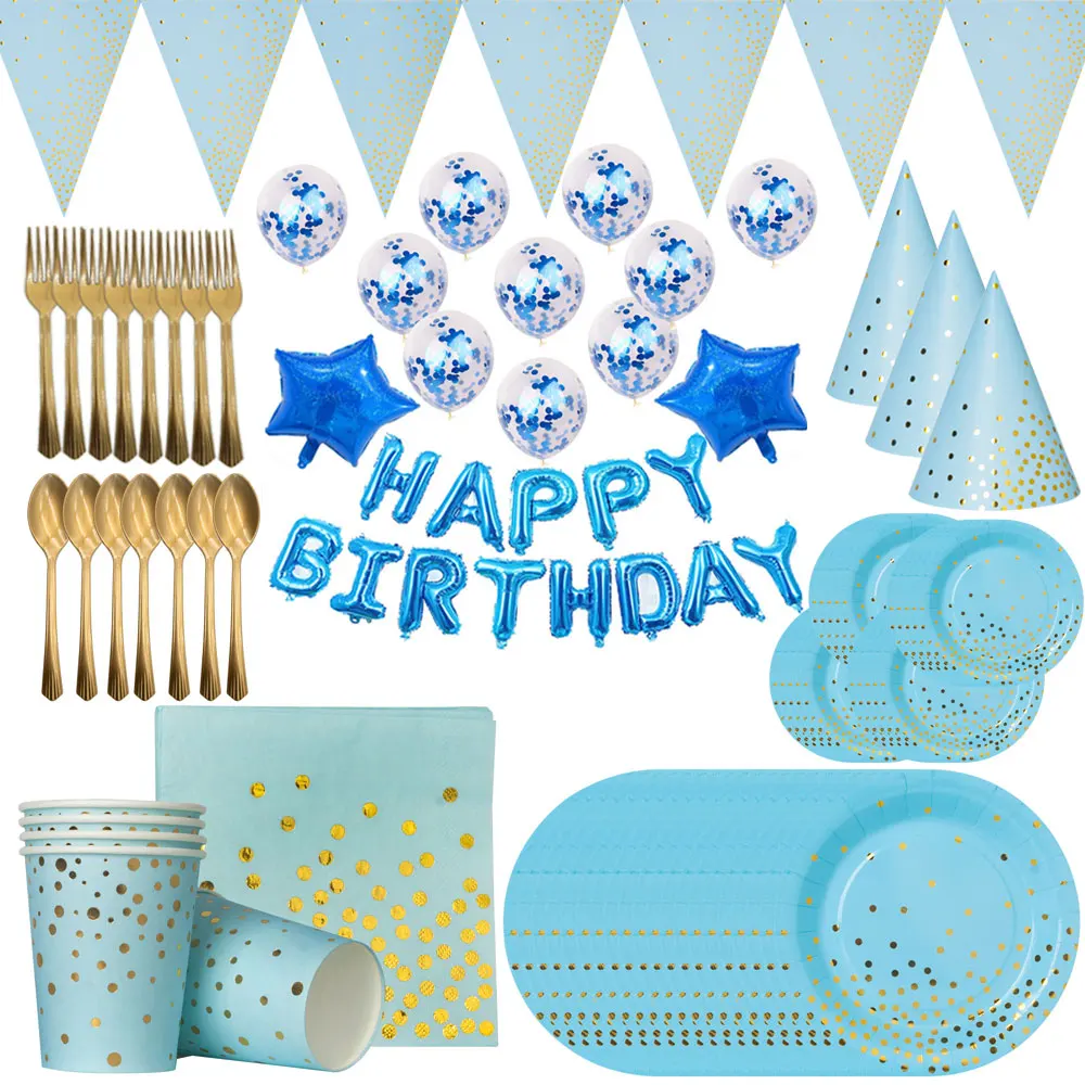 Blue Gold Dot Party Disposable Tableware Set Party Paper Cups Plates Caps Party Table Decoration Wedding Birthday Party Supplies 
Blue Gold Dot Party Disposable Tableware Set Party Paper Cups Plates Caps Party Table Decoration Wedding Birthday Party Supplies