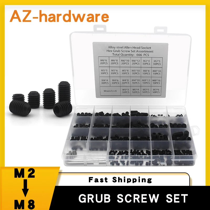 666PCS Hexagon Headless Set Screw M2 M3 M4 M5 M6 M8 Hex Socket Set Screws Set Screw Cup Point Grub Screw Grade 12.9 Carbon Ste
666PCS Hexagon Headless Set Screw M2 M3 M4 M5 M6 M8 Hex Socket Set Screws Set Screw Cup Point Grub Screw Grade 12.9 Carbon Ste