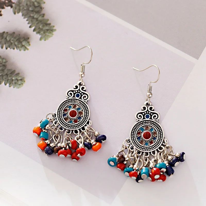 

2020 Colorful Beads Tassel Jhumka Indian Ethnic Bollywood Dangle Earrings For Women Gypsy Tribe Round Carved Fashion Jewelry