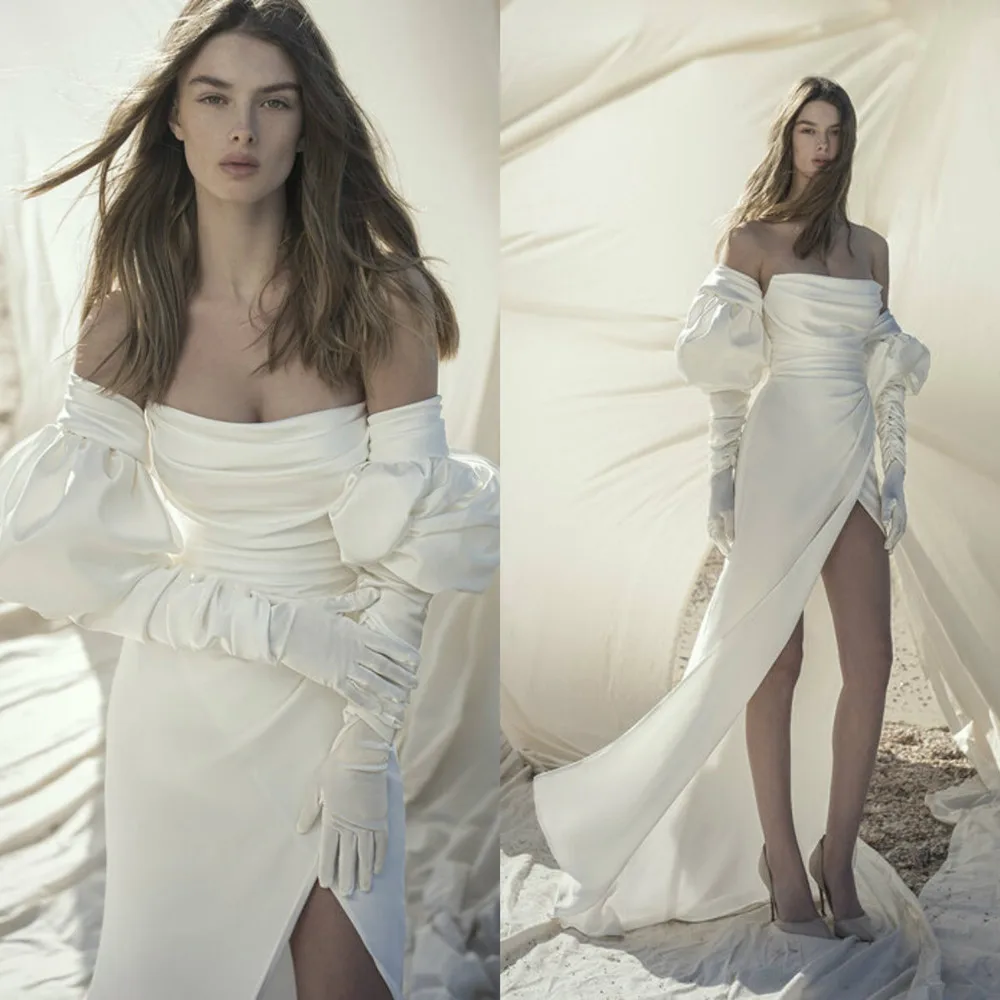 2021 Wedding Dresses Strapless Long Sleeves Sexy High Split Bridal Gowns Custom Made Sweep Train A Line Wedding Dress
2021 Wedding Dresses Strapless Long Sleeves Sexy High Split Bridal Gowns Custom Made Sweep Train A Line Wedding Dress
