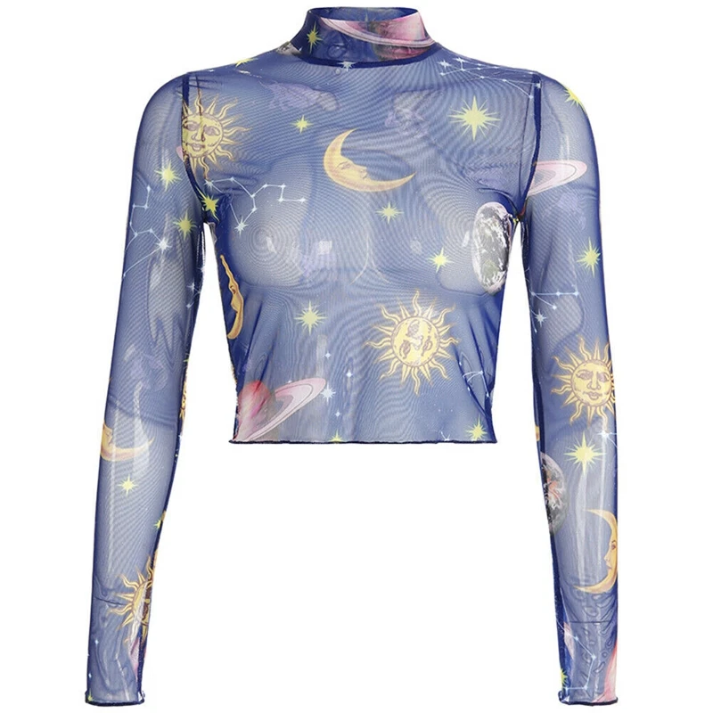 Hot sale women's top bottoming T-shirt high-neck mesh T-shirt printed pattern see-through smokey blue elastic tight-fitting top
Hot sale women's top bottoming T-shirt high-neck mesh T-shirt printed pattern see-through smokey blue elastic tight-fitting top
