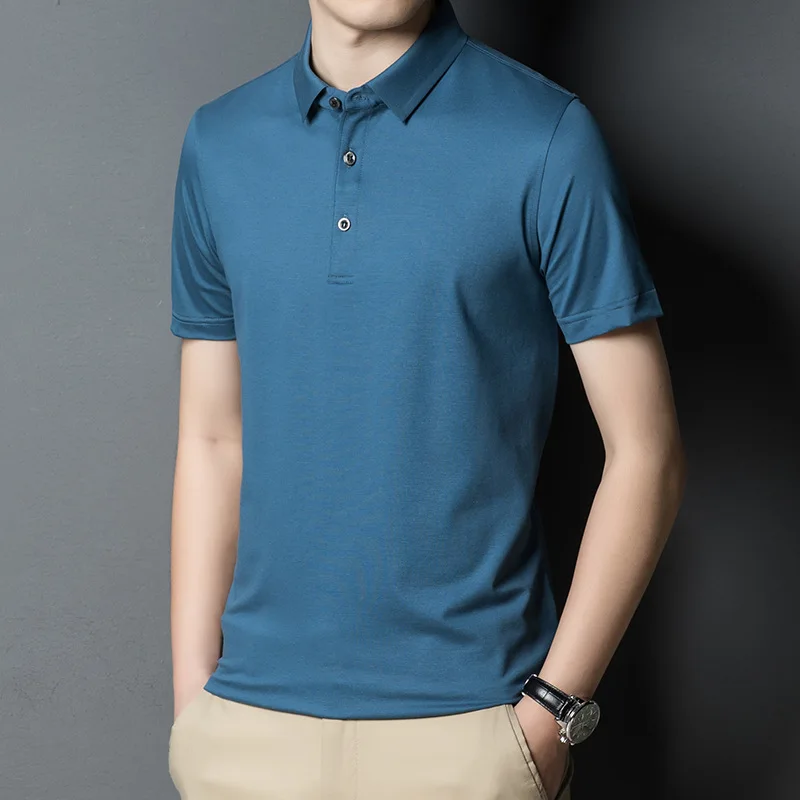 2021 summer mulberry silk short sleeve T-shirt Lapel Polo middle aged men's half sleeve solid color base t-shirt 
2021 summer mulberry silk short sleeve T-shirt Lapel Polo middle aged men's half sleeve solid color base t-shirt