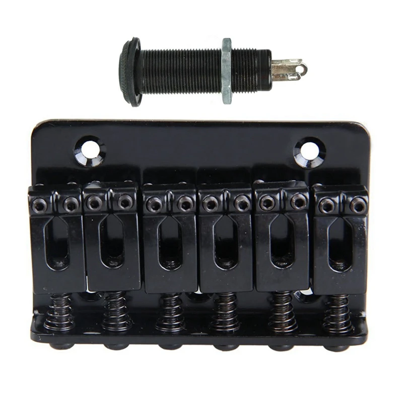 

6 Saddle Hardtail Bridge Top Load 65mm Electric Guitar Bridge (Black) & Guitar / Bass Cylinder Flush Mount Output Jack