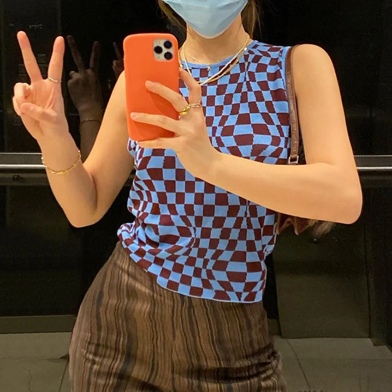 Summer Knit Crop Top Women Sleeveless Tank Top Basic T Shirts Casual Checker Plaid Vest Streetwear Tank Top Vintage
Summer Knit Crop Top Women Sleeveless Tank Top Basic T Shirts Casual Checker Plaid Vest Streetwear Tank Top Vintage